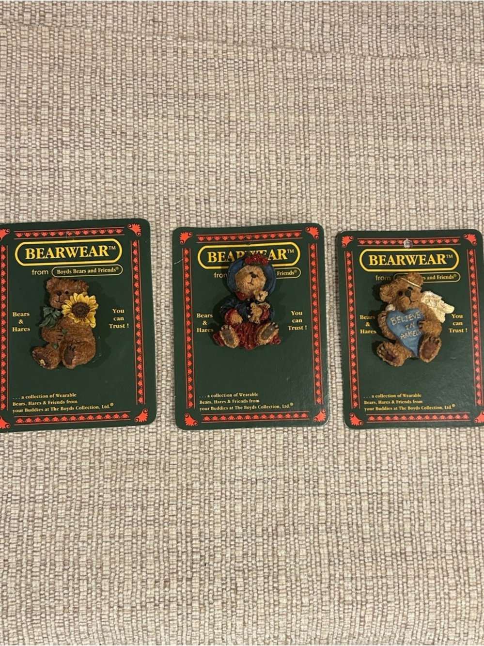 3 Vtg Boyds Bear Bearwear Resin Pins  Angel, Sunflower & Winter coat